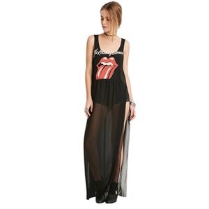 Rolling Stones Forever 21 Black Band Graphic‎ Tee Maxi Sheer dress Size Large